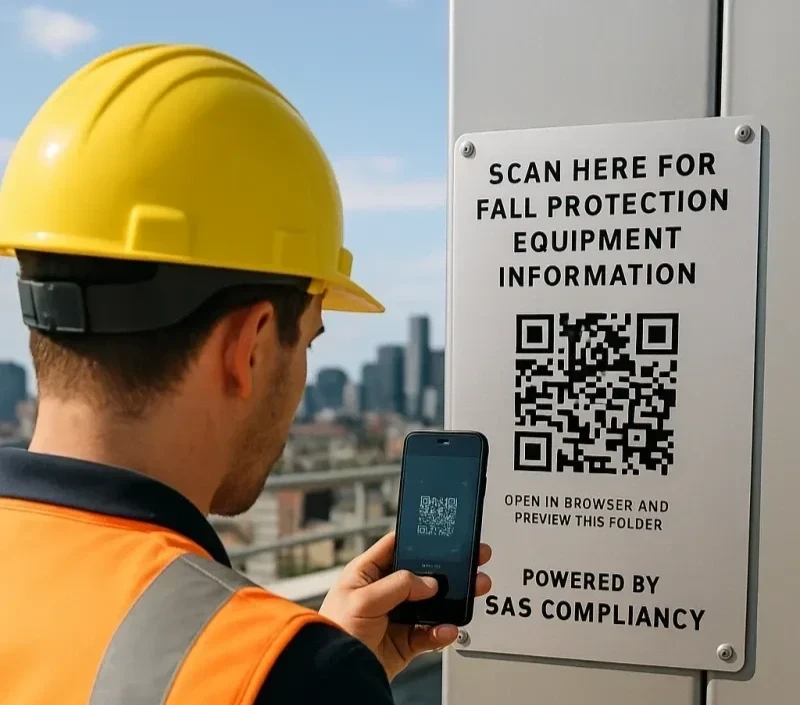Operative scanning the QR code on a fall protection equipment information sign with a smartphone