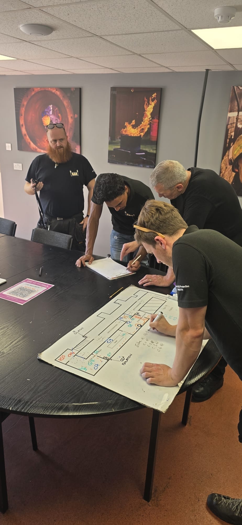 SAS Safety Group team annotating a large roof layout plan around a meeting table